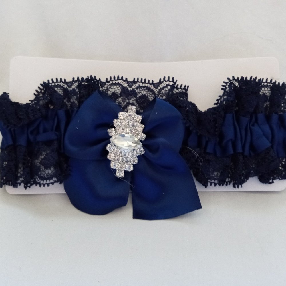 Navy Blue Wedding Garter with Rhinestones